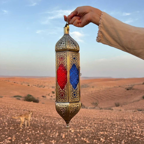 Large Moroccan Hanging Lantern – Brass & Colorful Glass (CL 1002)